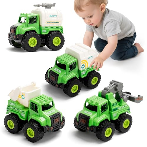 YGNNXRN Set 4 Camion Spazzatura Giocattolo per Bambini 2+ – Veicoli Push and Go con Camion Rifiuti, Riciclaggio, Spazzatrice e Autocisterna – Giocattoli Educativi per Bimbi 2 3 4 5 Anni