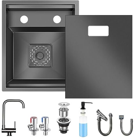Lavello nascosto in acciaio inossidabile con rubinetto pieghevole, lavabo da incasso per cucina, camper, piccolo bar o area di preparazione (nero-A, 30 x 45 cm)