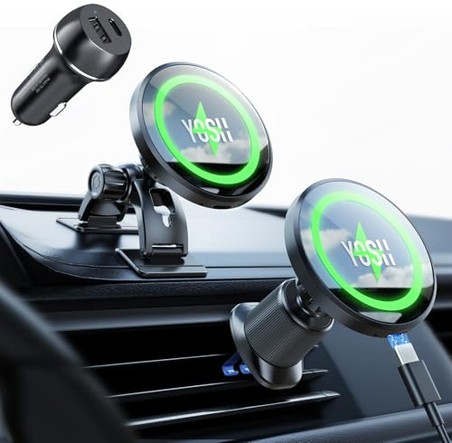 YOSH for Magsafe Car Mount Charger Magnetic Phone Holder Wreless Charger | with 60W Car Charger, 15W Fast Wireless, 2 in 1 for Dashboard & Vent, for iPhone 17/16/15/14/13/12 Samsung Pixel