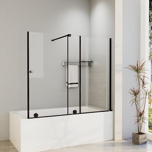 Duschwand für Badewanne 115x140cm 2-Teilig Schiebetür Badewannenaufsatz, Schiebetüren Breite von 70 bis 115 cm, Duschtrennwand aus 6mm ESG Sicherheitsglas, Duschabtrennung in Schwarz Alu