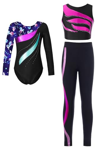 Xnihocha Costume De Gymnastique Pour Enfants Fille Tenue De Gym Manches Longues Body Avec Haut Et Pantalon Tenue D'entraînement Et De Compétition Bleu marine 11-12 ans