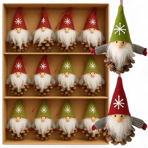 MIJOMA Set di 12 gnomi natalizi – Decorazioni per albero fatte a mano in legno e tessuto – Gnomi decorativi per albero di Natale, corona dell'Avvento, ciondolo regalo (gnomi a pigna con barba)