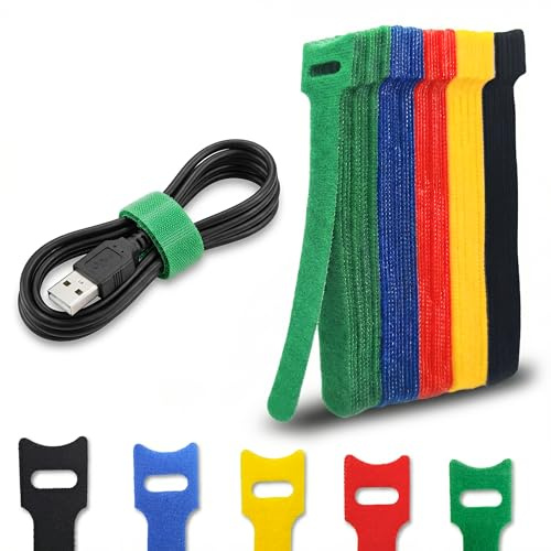 Wiederverwendbare Kabelbinder Klett 100 Stück – Kabelmanagement Klettband Kabel Organizer für Schreibtisch, PC- & Ladekabel – Nylon Kabelbänder in 5 Farben von PACKIVO