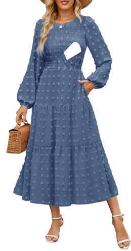 CzzzyL Women's Nursing Dresses Fall Boho Floral Maxi Dress Breastfeeding Long Sleeve Crewneck Wedding Guest with Pockets, Blue, XL