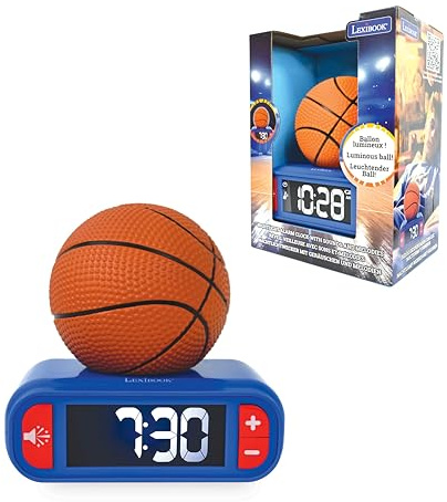 LEXIBOOK, Baloncesto Reloj Despertador Luz Nocturna, RL800BALXB | Sonidos y melodías, pantalla LCD retroiluminada, luminoso, snooze, azul/naranja