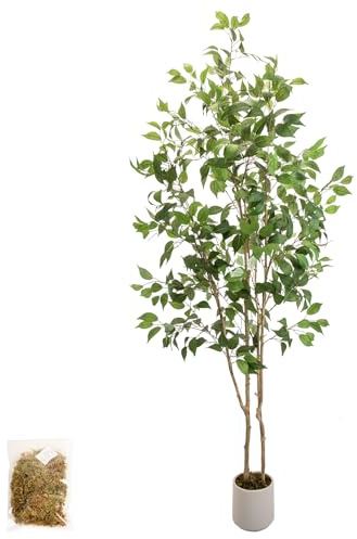 MCTYBB Artificial Fake Ficus Tree 7FT Tall 1Pack with White Planter & Free Moss, Artificial Plants Indoor, Artificial Trees for Home Decor Indoor, Faux Ficus Tree