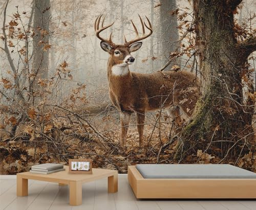 Papel pintado de ciervo de cola blanca con diseño de bosque brumoso de otoño, paisaje de árbol con niebla, papel pintado para oficina, para dormitorio, sala de estar, decoración mural de 300 x 240 cm