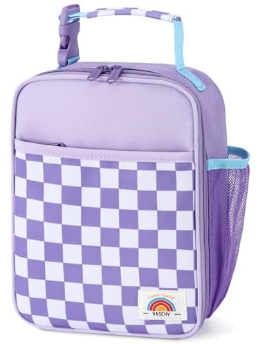 VASCHY Kids Lunch Box Bag Insulated Reusable Bento Cooler for Toddlers Girls, Snack Carrier with Hands-Free Clip in Lavender & Light Lavender & Plaid