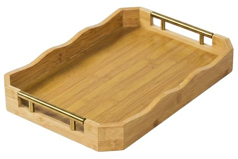 Serving Tray, 40 * 28 * 5cm Coffee Table Tray, Wood Serving Tray, Rectangular Bamboo Tray with Handles for Tea, Snack, Fruit, Breakfast