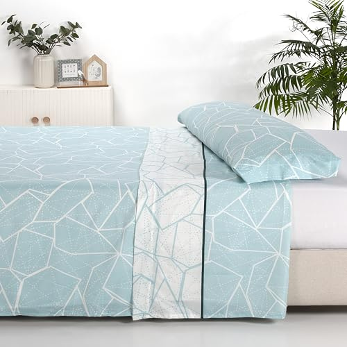 Sábanas 90x190 - Juego de Sábanas 3 Piezas - 100% Microfibra Suave y Transpirable - Sábana Bajera Ajustable, Encimera y Funda Almohada - Ropa de Cama Estampada (Ellie Aqua)