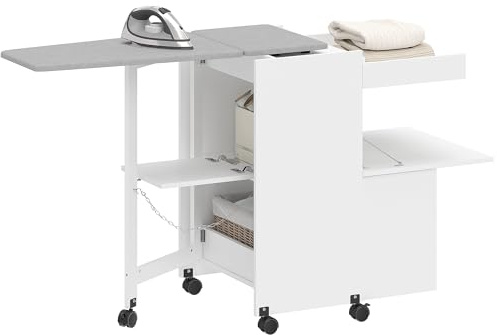 HOMCOM Mobile Asse da Stiro Pieghevole con Ruote e Portaferro da Stiro, Mobile da Stiro Multiuso con Ripiani, Vano Aperto, per Lavanderia, Bagno, 154x55x87 cm, Bianco
