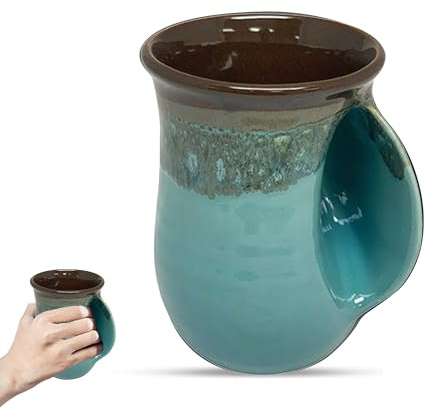 Clay in Motion Hand Warmer Coffee Mug – Handmade Coffee Mug With Comfortable Handle Contoured Pocket Hand Warming Ceramic Coffee Mug – Proudly Made in USA – Right Handed – 14 Oz - Ocean Tide