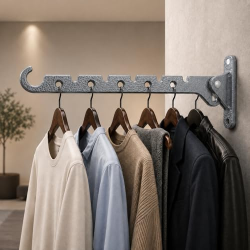 Kleiderlüfter Aluminium klappbar von Tergato– 34cm Kleiderhaken Wand klappbar,Hammerschlag Lackierung,Robuster Garderobenhaken für Kleiderbügel,Wandhaken Kleiderstange Wandmontage für Balkon & Schrank