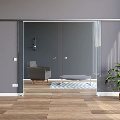 BC-900-AS-DPL: Schiebetürsystem doppelflügelig ESG 2x900x2050x8mm, zeitloses klares Glas, ohne Dekor; Schienensystem ALU SlimLine SoftStop; Griffmuschel