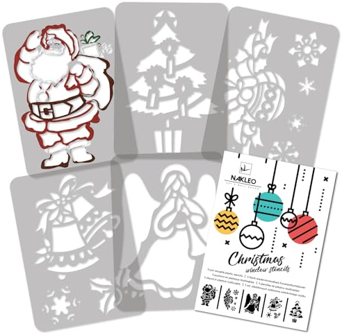 NAKLEO Weihnachten Malschablonen 5 Stück Set 21x30cm, Wiederverwendbare Kunststoff Weihnachst Muster für Kunstschnee Spray und Malen, DIY Handwerk Dekoration, Fenster Wand Holz Türen Karte