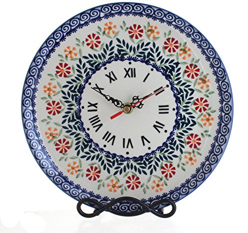 Blue Rose Polish Pottery - Orange Garden Bouquet Clock - 10 Diameter - Perfect Kitchen or Living Room Accent, Collectible Home Décor