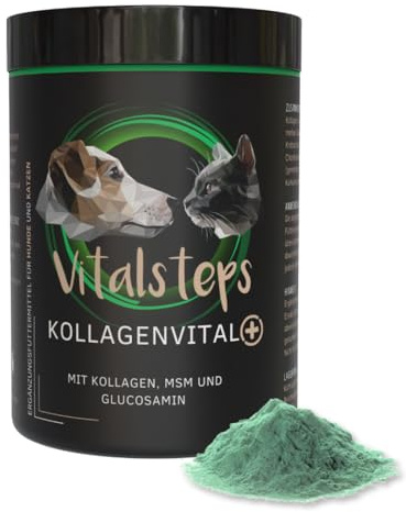 Vitalsteps KollagenVital+ 225g | Kollagen MSM Glucosamin Chlorella Chondroitin Hagebutte Brennnessel Kurkuma - Hund u. Katze Fixation