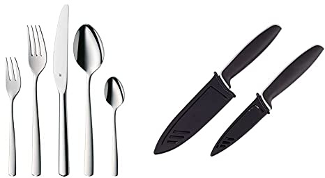 WMF Boston Edelstahl Besteck Set 6 Personen, Essbesteck Set 30 teilig, Monobloc-Messer & Touch Messerset 2-teilig, Küchenmesser mit Schutzhülle, Spezialklingenstahl antihaftbeschichtet, schwarz