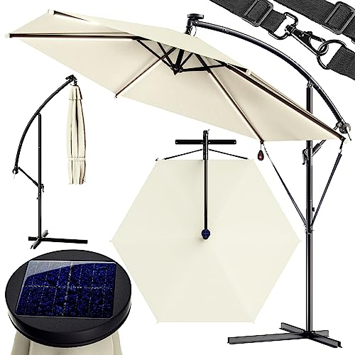 Kingsleeve® Ampelschirm LED Beleuchtung UV Schutz 80+ Solar Ständer Schutzhülle 350cm Groß Kurbel Balkon Terrasse Gartenschirm Sonnenschirm Creme