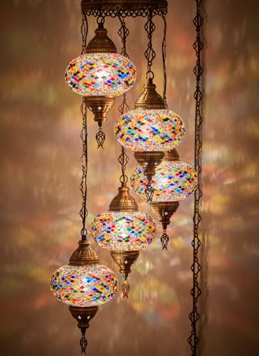 DEMMEX Lámpara de araña de mosaico turco marroquí, lámpara colgante de techo, luz de enchufe con cable de 4,5 metros, cadena y enchufe, no requiere cableado, 5 pantallas grandes, cuelga 110 cm