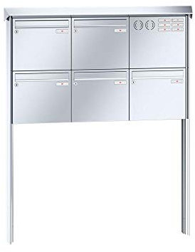 RENZ/Prisma / 5er Freistehende Briefkastenanlage Standbriefkasten mit Sprechfeld / V4A-Edelstahl/Volumen 12 L/zum Einbetonieren/Dein-Briefkasten.de