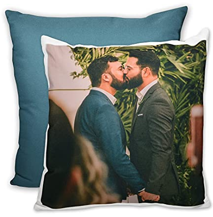 LOOXIS Personalisiertes Kissen mit Foto & Text Bedruckt, selbst gestalten – 40x40 cm, farbige Rückseite, Leinenhaptik – Geschenkidee Männer, Frauen, Jahrestag, Geburtstag, Einzug – Taubenblau