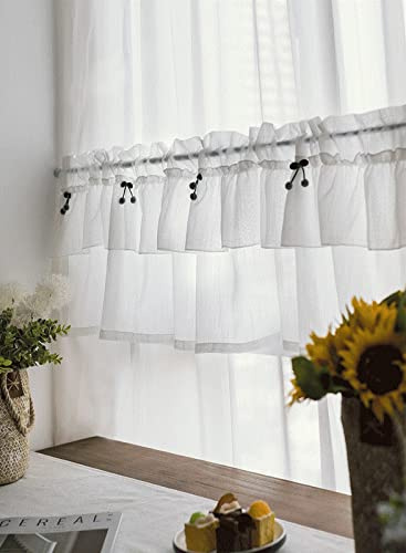 A.Monamour Cortina Cocina Ventana Puerta Corta Pequeña Cortina con Gradas De Tul De Gasa Voile Transparente Translúcida Visillo Blanca De Lino Y Algodón con Cereza Bolsillo para Varilla Panel Cenefa