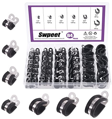 Swpeet 84pcs Heavy Duty 7 storlekar 1/4 '' 5/16 '' 3/8 '' 1/2 '' 5/8 '' 3/4 '' 1 '' Gummi vadderade 304 rostfritt stål slangklämmor Kabelklämmor Sortiment Kit perfekt för hålla rör, slangar, kablar, b