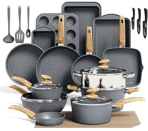 Kitchen Academy Induction Hob Pots and Pans Set Non Stick, Granite Cookware | Cookware and Bakeware Set - 30 Piece Grey Granite Cooking Pans Set, PFOA & PFOS Free