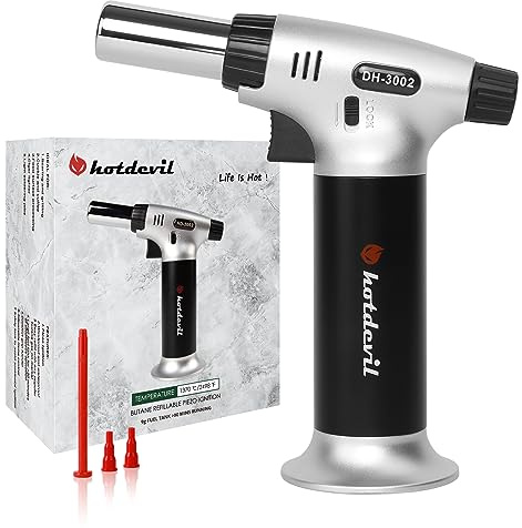 Hotdevil Butane Torch 9g Refillable Tank Kitchen Blow Torch Lighter/w Safety Lock Adjustable Flame Fit All Butane Cartridge Cooking Torch for BBQ Creme Brulee Dessert Baking (Butane Gas Not Include)