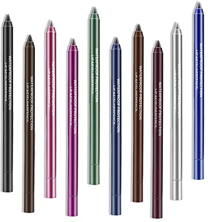 Boobeen Eyeliner-Stift-Set, 10 Packungen, wasserfester Glitzer-Lidschatten und Lippenkonturenstift, weiche, farbenfrohe Gel-Formel, kreiert kräftige und definierte Linien