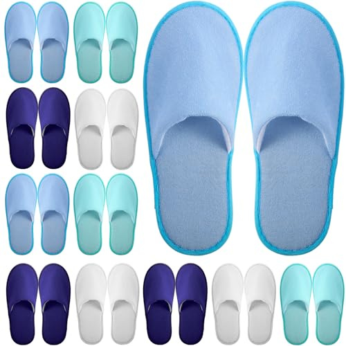Geyoga 12 Pair Disposable House Slippers for Guests Non Slip Spa Hotel Disposable Slippers Washable Reusable for Wedding Bride Travel Shoeless Home Bathroom(Blue Series,M)