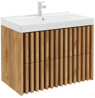 Lomadox Badmöbel Einzel Waschtisch mit Unterschrank 80 cm Waschtischunterschrank inkl. Waschbecken Eiche Lamellenfronten mit schwarz, B/H/T 81/62,5/46 cm