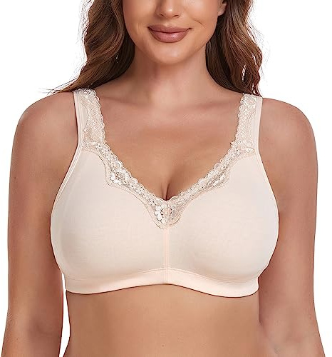 Ayigedu Women's Wireless Plus Size Lace Comfort Cotton Bra Full Coverage Unlined Minimizer Bra 44DD Beige