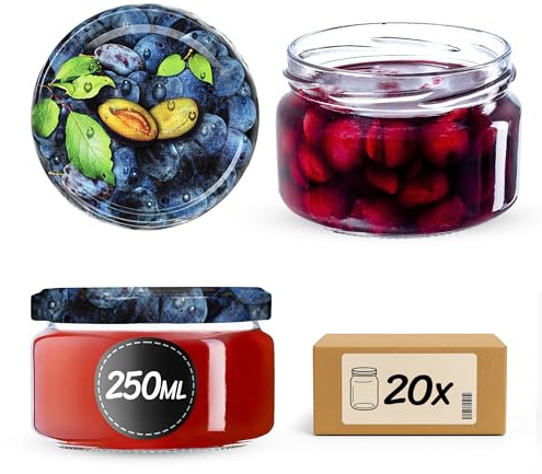 KADAX Små glasburkar på 250 ml, syltburkar med lock, lufttäta burkar att ge bort, miniglas för honung och kryddor (20 st., plommonmönster)