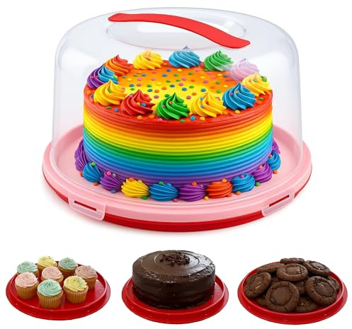 EPISENT Large Round Cake Box with Lockable Lid and Carry Handles, Portable Plastic Cake Carrier Fits 11 Inch Desserts and Bakes, Storage Container for Transporting Home Baking – Red