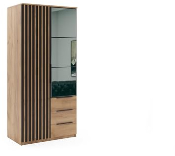 BM-Möbel Kleiderschrank mit Drehtüren, Schubladen und Spiegel - mit Einlegeböden und Kleiderstange - für Garderobe, Schlafzimmer - mit Lamellen - Eiche Holzimitat und Schwarz - 100 cm B, 215 cm H