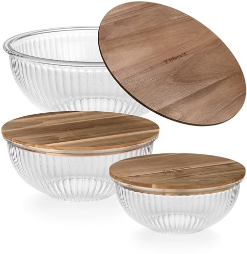dokaworld Set of 3 Stackable Space-Saving Nesting Glass Salad Bowls with Acacia Lids for Foodprep, Storage, Baking, Mixing & Cooking - Microwave Safe Durable Inert Borosilicate Glass