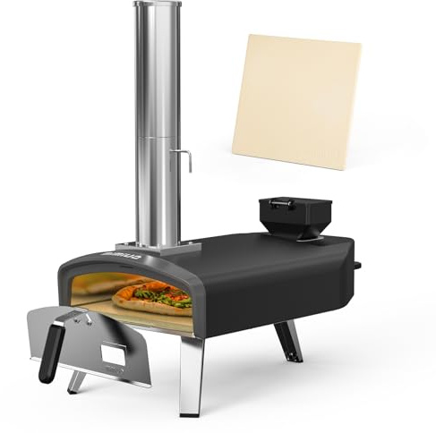 Mimiuo Horno de pizza de pellets de madera de 12 pulgadas al aire libre – 510 °C 60S hornear, con piedra | Estufa de pizza portátil para exteriores, patio, camping, picnics