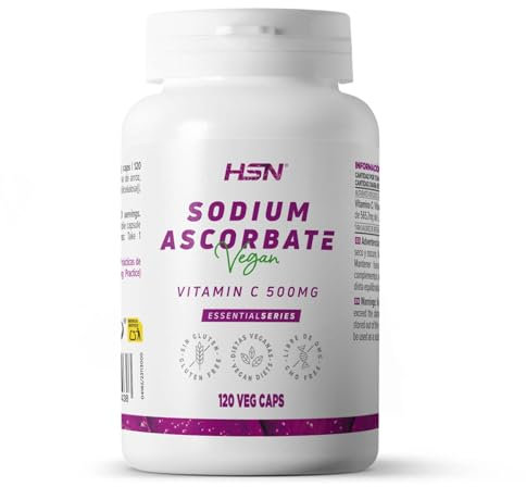 HSN Ascorbato de Sodio 500mg de Pura Vitamina C Tamponada | 120 Cápsulas Vegetales que aporta L Ascorbato de Sodio - Vitamina C No Ácida - Alta Pureza y Concentración | No-GMO, Vegano, Sin Gluten