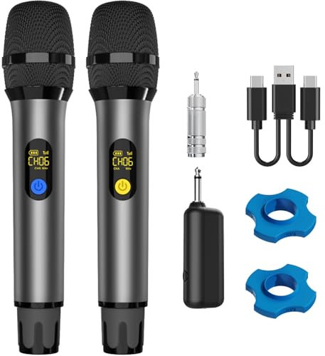 VOVIGGOL UHF Microfono Wireless Professionale in Metallo 2 Pezzi, Sistema Microfoni Dinamico Senza Fili con Ricevitore Ricaricabile per Karaoke Festa Nozze Chiesa Riunione DJ, 50M