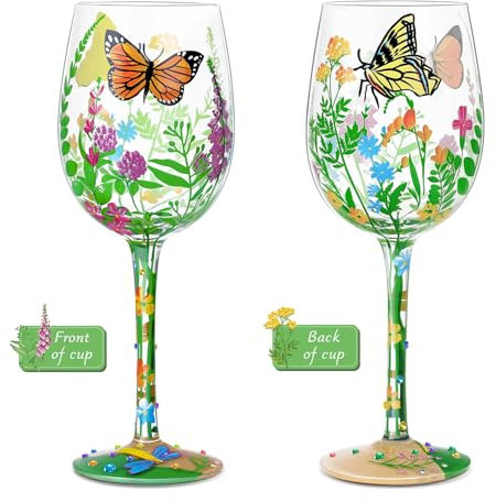 NymphFable Hand-Painted Wine Glass Flowers Butterflies Artisan Painted Glass 15oz Gift for Family Friend Women