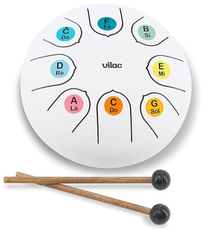 Vilac Tongue Drum-Instrumento de percusión de metal en Sonido Zen, concedido en Do Mayor con Una Octava, ideal para iniciar a los niños a la Música. Incluye partituras y ficha explicativa, 8379