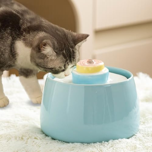 Katzen Trinkbrunnen Keramik, Trinkbrunnen für Hunde Haustier Katzenbrunne rutschfest Automatisch Wasserspender, konzeptiert für Hunde und Katzen (Blauer Kuchen geformter Wasserspender, 1500ML)