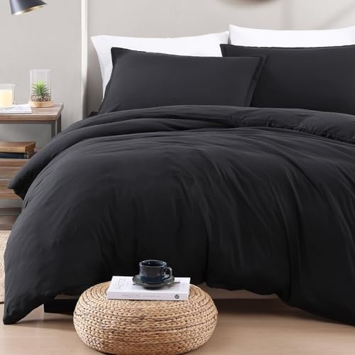 LANE LINEN 4-Piece Double Bedding Set - Pre-Washed Microfiber Duvet Cover, Fitted Sheet, and Pillowcase – Cozy and Durable (Black)