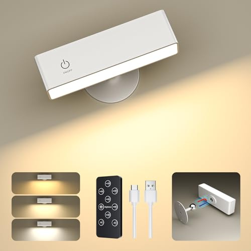 YiLaie Lámpara de Pared LED, Lamparas sin Cables con Mandos a Distancia, 3 Temperaturas de Color, Control TáCtil, Apliques Pared Interior Magnetica, Aplique a pilas para, Luz de Lectura 360° Giratoria