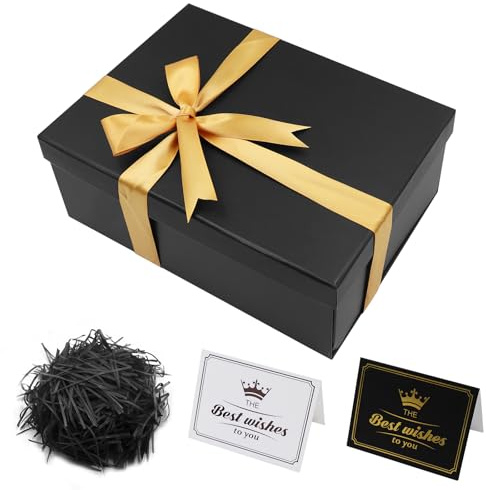 Realjoy Caja Regalo Negro, Cajas de Regalo con Tapas, 25x18x8,5cm Caja de Regalo con Lazo,Tarjeta de Felicitación y Rafia, Cajas para Regalos,Cumpleaños,Bodas,Día de San Valentín,Navidad