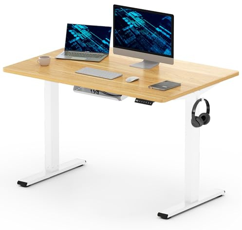 FLEXISPOT ONE PIECE Electric Standing Desk Height Adjustable Desk Desktop Sit Stand Desk Stand Up Desk with Memory Smart Pannel (White Frame+120x60cm Maple Desktop)