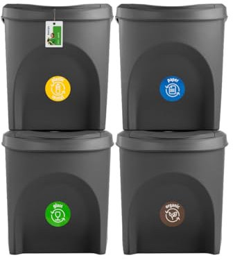 Mülleimer SET Mülltrennsystem 4x25L – Abfalleimer Set mit Deckel und farbigen Aufklebern Recycling Behälter für Küche Büro und Haushalt, Grau