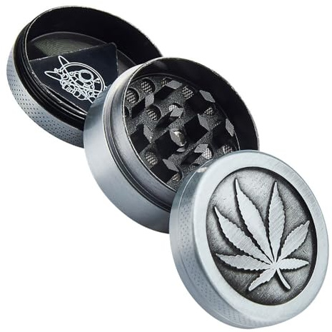 Murago - Grinder Metall 40mm 3-teilig - Blatt silberfarbig Kräutermühle mini Gewürzmühle Crusher Feinsieb klein